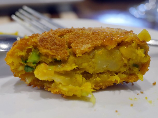 illustrative photo of a sliced aloo chop at Maya DD's Woolwich