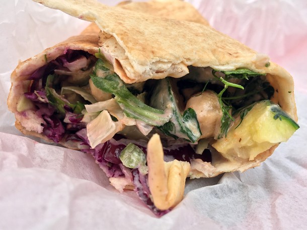 illustrative photo of the aubergine, chickpea and courgette flatbread wrap from Laffa at Flat Iron Square