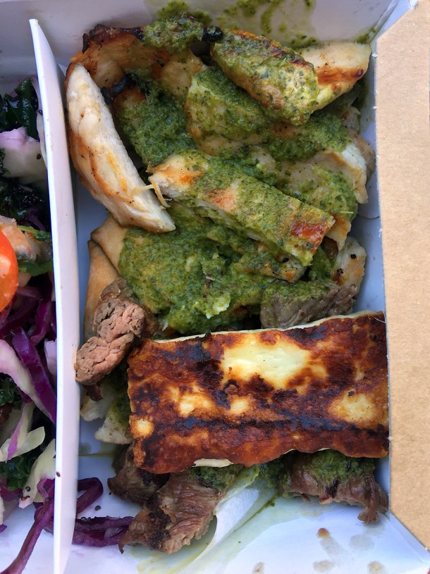 illustrative photo of the chicken, steak and halloumi from Savage Salads at Flat Iron Square