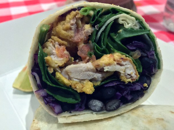 illustrative photo of the fried chicken burrito from Breddos at Flat Iron Square