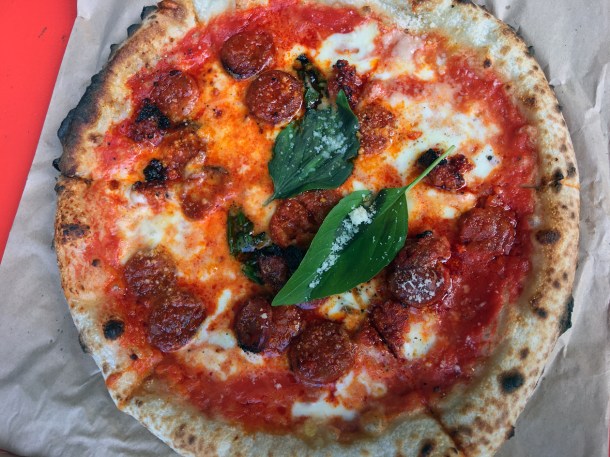 illustrative photo of the nduja and chorizo pizza from Baz and Fred at Flat Iron Square