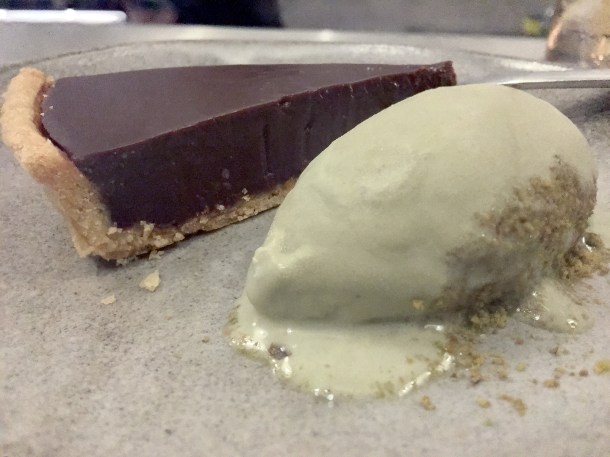 illustrative photo of the chilli chocolate tart with pistachio ice cream at Paradise Soho