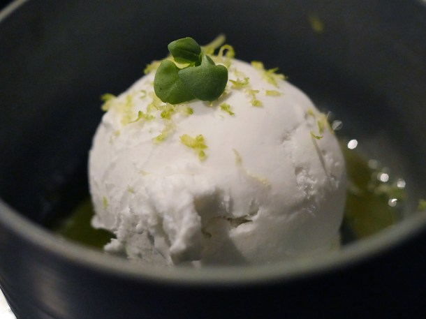 illustrative photo of the coconut sorbet with basil oil at Paradise Soho