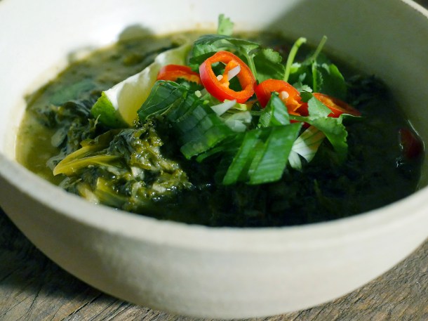 illustrative photo of the spinach and kale laing at Bong Bong's Manila Kanteen