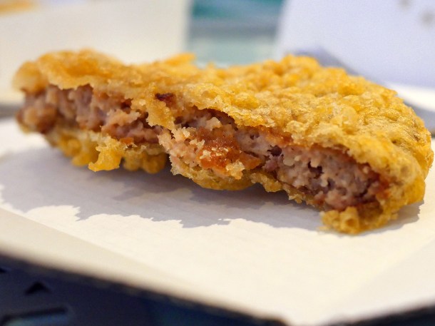 illustrated image of the battered burger from Lewis's Newlyn