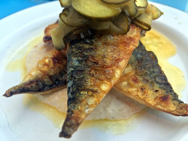 illustrative photo of the mackerel with pickles and tartare sauce at Mackerel Sky