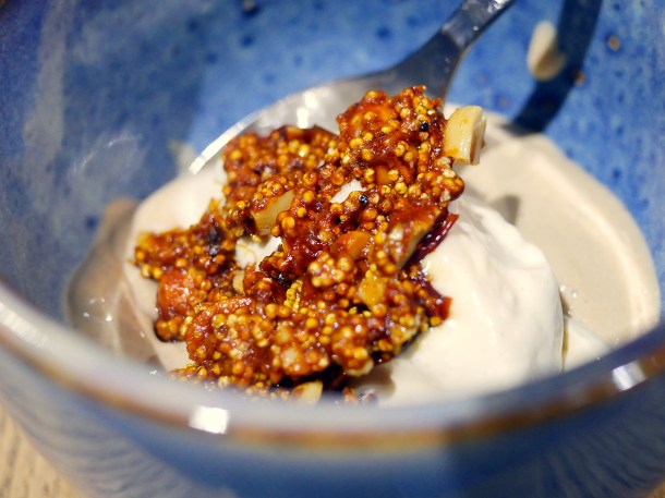 illustrative photo of the caramelised baobab mousse with peanut ice cream and peanut brittle at Chishuru