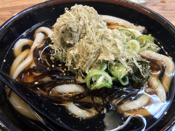 illustrative photo of the hot udon in hot broth with seaweed at Koya City