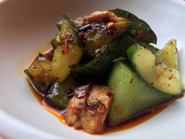 illustrative photo of the smoked eel and smacked cucumber at Bao Noodle Shop