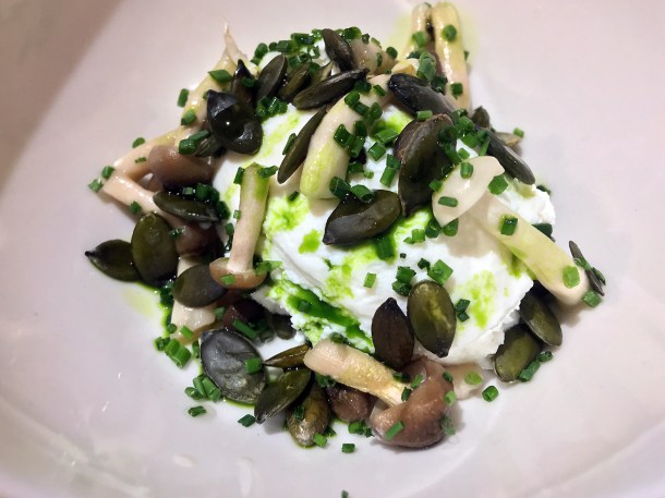 illustrative photo of the butternut squash soup with ricotta, pumpkin seeds and pickled mushrooms at the Felin Fach Griffin