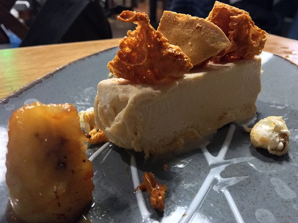illustrative photo of the caramel parfait with glazed banana, toffee popcorn and yoghurt at The Vine Tree Llangattock