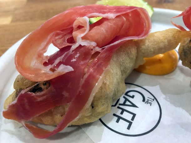 illustrative photo of the deep fried oysters wrapped in Serrano ham at The Gaff Abergavenny