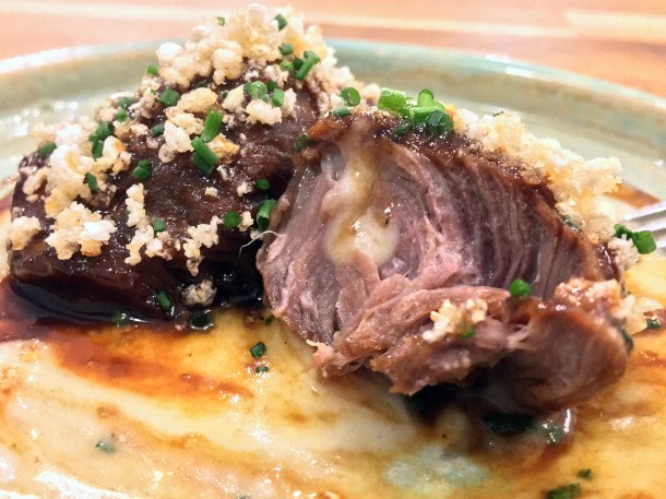 illustrative photo of the pig cheeks with potato mousse at The Gaff Abergavenny