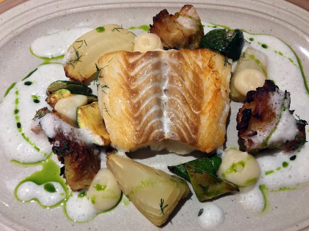 illustrative photo of the roast cod with celeriac, beetroot, courgette and fennel at the Felin Fach Griffin
