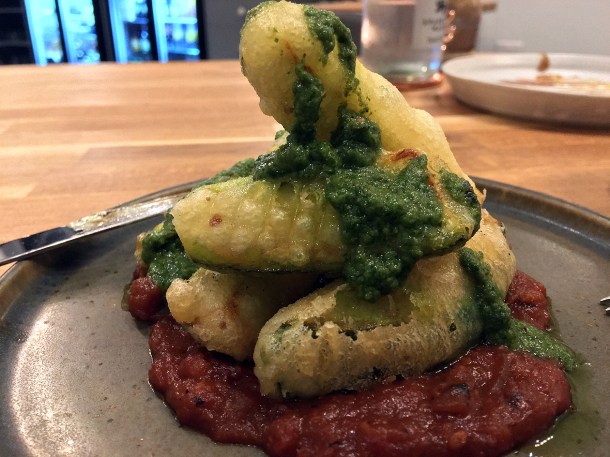 illustrative photo of the tempura courgettes with tomato ragout and rocket pesto at The Gaff Abergavenny