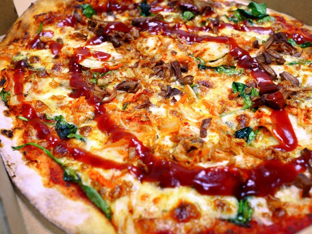 illustrative photo of the kimchi and jackfruit pizza from Green Goat