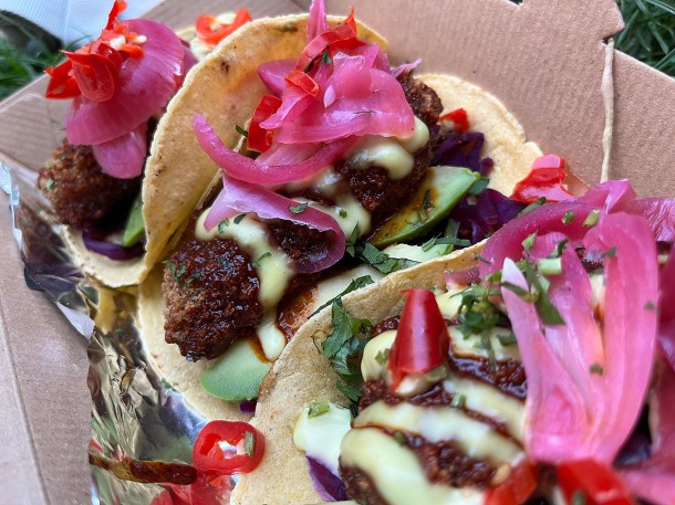 illustrative photo of the fried chickn vegan tacos from Club Mexicana