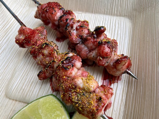 illustrated photo of the monkfish skewers at Acme Fire Cult