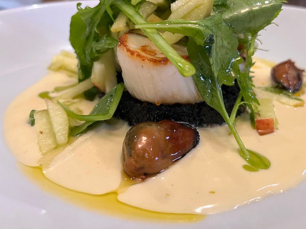 illustrative photo of the scallops with smoked mussels, black pudding and apple sauce at Portree Hotel