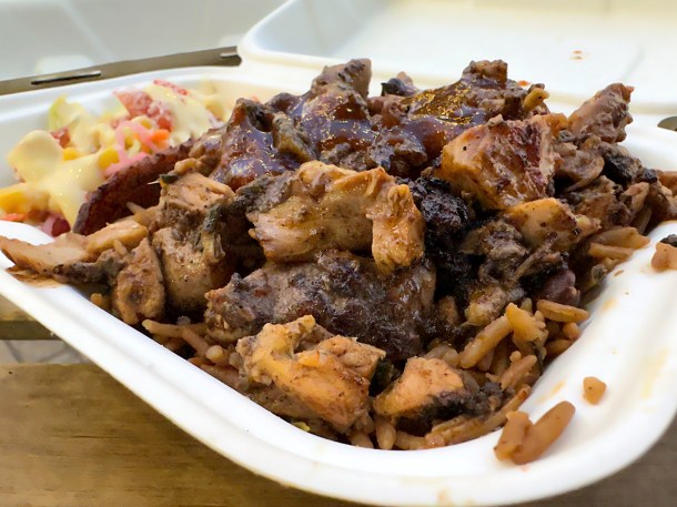 illustrative photo of the jerk chicken with peas and rice at Jerk Yard