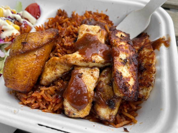 illustrative image of the jerk halloumi with jollof rice at Jerk Yard