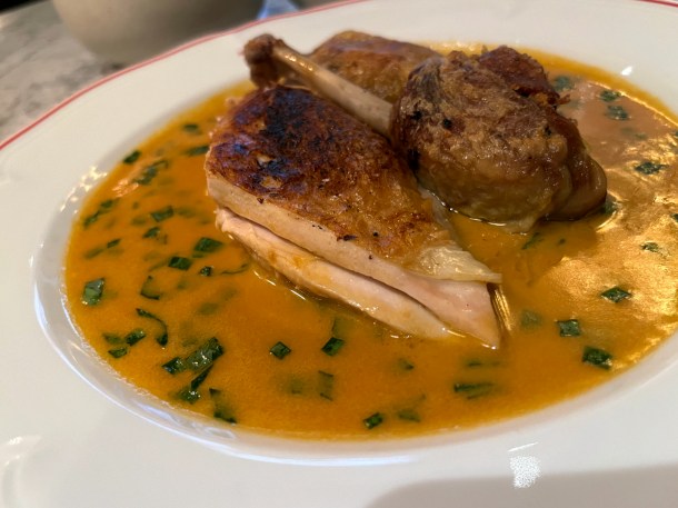 illustrative photo of the roast guinea fowl in langoustine sauce at Josephine Bouchon