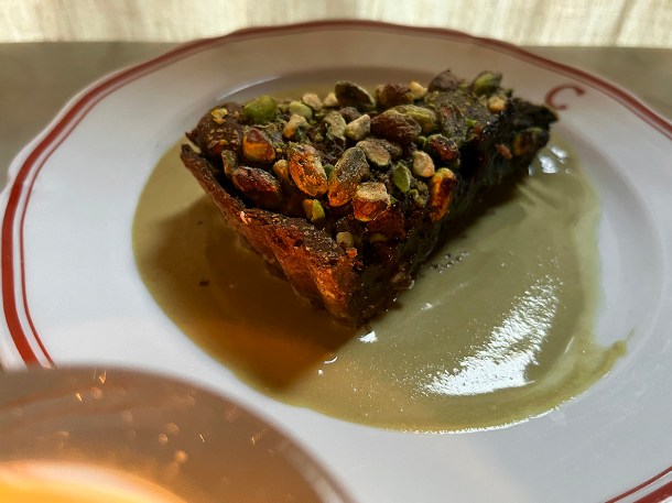 illustrative photo of the chocolate and pistachio tart at Camille