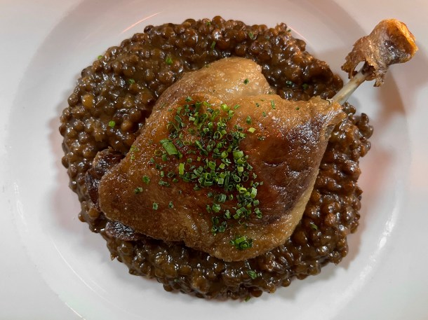 illustrative photo of the confit duck leg and lentils at Camille