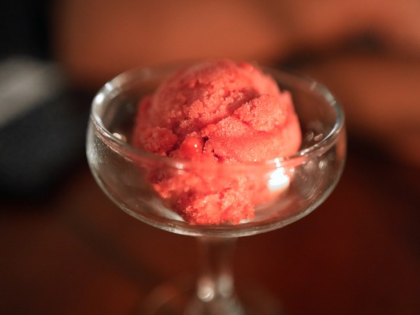 illustrative photo of the blood peach and pink peppercorn sorbet at Hausu