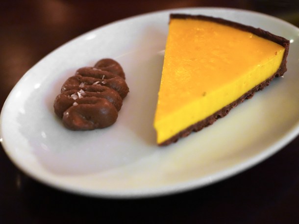 illustrative photo of the chocolate orange saffron tart at Hausu